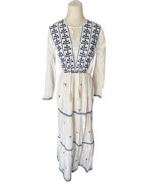 Pomegranate 100% cotton White Dress with Blue Embroidery NWOT